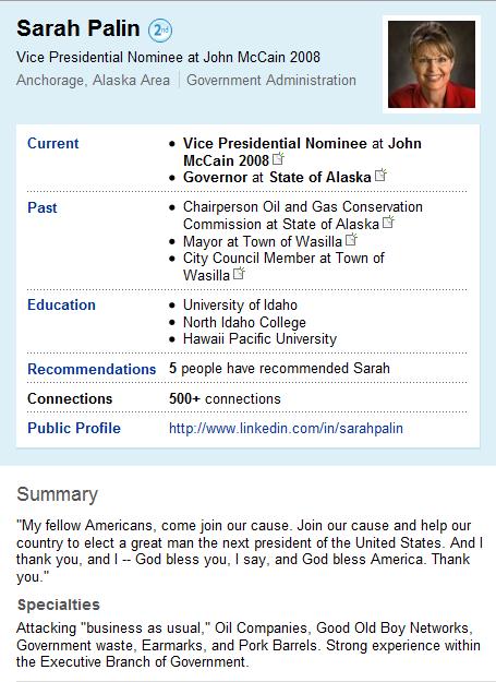 Sarah Palin's Older LinkedIn Profile
