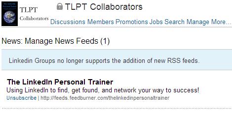 Image showing altered options for RSS for LinkedIn Groups